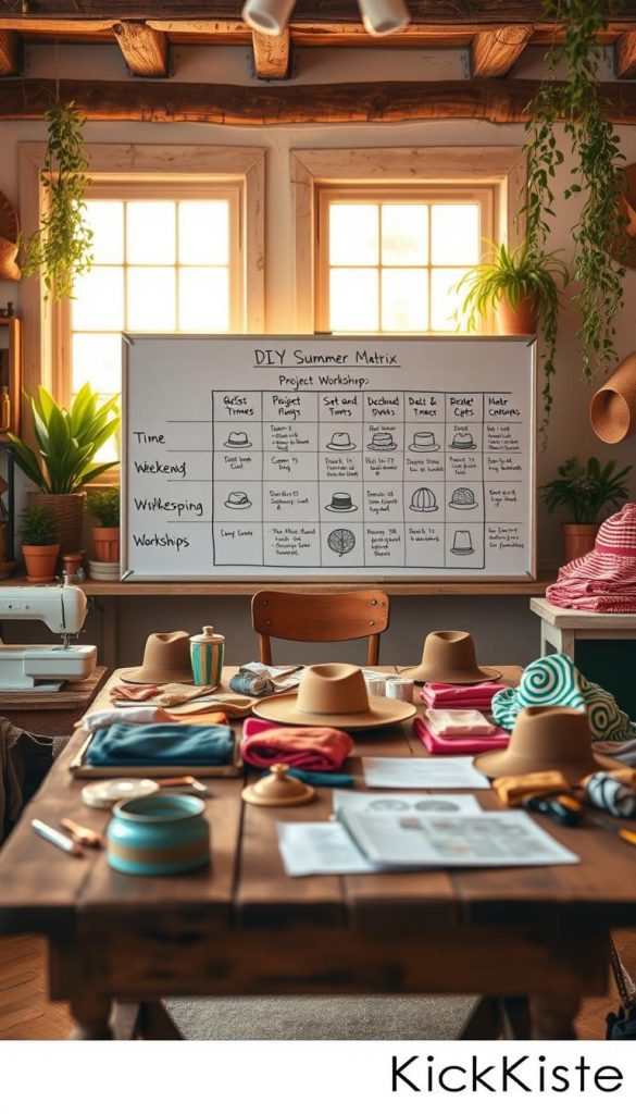 A cozy workshop setting filled with natural light, showcasing a beautifully laid-out project matrix for DIY summer hats and accessories. In the foreground, a rustic wooden table displays various sewing tools, colorful fabrics, and sketches of hat designs. In the middle, a well-organized whiteboard features a chart outlining the time, costs, and difficulty levels of different projects, such as quick ones versus weekend workshops. The background reveals a warm, inviting environment with potted plants and soft, diffused sunlight streaming through a window. The overall atmosphere is inspiring and encourages creativity, embodying a Pinterest aesthetic. The image should have a polished and inviting feel, with a subtle emphasis on the brand name "KlickKiste." A cozy workshop setting filled with natural light, showcasing a beautifully laid-out project matrix for DIY summer hats and accessories. In the foreground, a rustic wooden table displays various sewing tools, colorful fabrics, and sketches of hat designs. In the middle, a well-organized whiteboard features a chart outlining the time, costs, and difficulty levels of different projects, such as quick ones versus weekend workshops. The background reveals a warm, inviting environment with potted plants and soft, diffused sunlight streaming through a window. The overall atmosphere is inspiring and encourages creativity, embodying a Pinterest aesthetic. The image should have a polished and inviting feel, with a subtle emphasis on the brand name "KlickKiste."