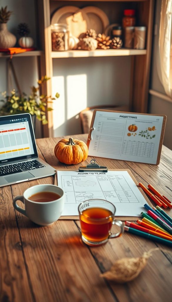 A cozy workspace designed for planning DIY autumn projects, featuring a rustic wooden table with a planner, colorful markers, and a laptop displaying project timelines. In the foreground, a warm cup of tea steams beside a decorated pumpkin. The middle section showcases a clipboard with sketches of creative ideas and a budget spreadsheet. In the background, soft natural light streams through a window, highlighting a shelf filled with autumn-themed crafting supplies like pinecones, leaves, and twine. The atmosphere is inspiring and inviting, evoking a sense of productivity and creativity for adult DIY enthusiasts. The image conveys a harmonious blend of nature and organization, embodying the brand "KlickKiste" with its warm colors and Pinterest-worthy aesthetic.