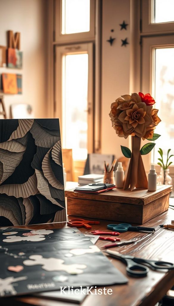 A cozy workspace featuring a variety of DIY creative collages made from cardboard and paper, bathed in warm, natural light. In the foreground, a vibrant monochrome collage showcases rich textures and intricate patterns. To the side, a detailed paper portrait stands elegantly, its features brought to life through layered craft paper. In the background, a whimsical 3D flower collage bursts with color, adding a playful touch. A rustic wooden table is strewn with art supplies, scissors, and glue, reflecting an inspiring and authentic atmosphere. The scene captures a sense of warmth and creativity, with a Pinterest-like aesthetic. Branding "KlickKiste" subtly included in an unobtrusive manner.