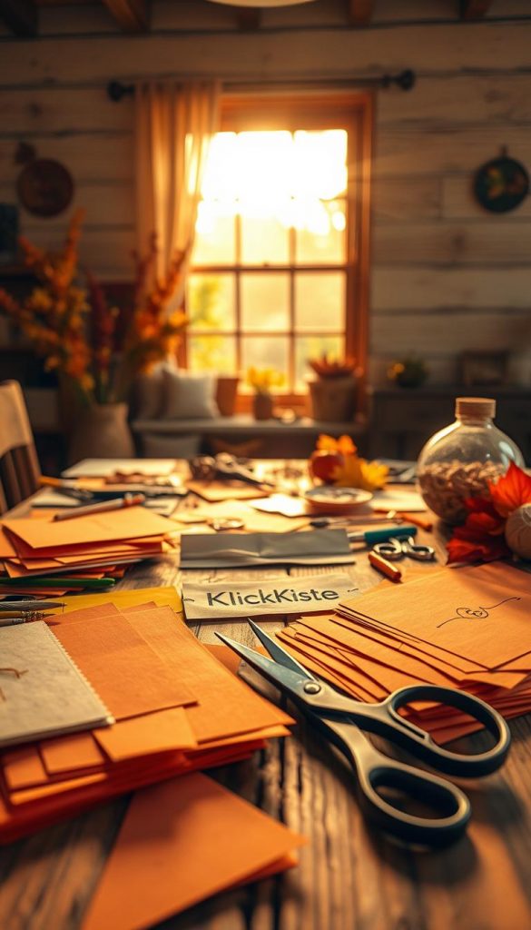 A cozy workspace featuring warm-toned DIY paper craft materials spread across a rustic wooden table. In the foreground, vibrant sheets of colored paper, scissors, and various crafting tools are artfully arranged, creating a sense of creativity in motion. The middle ground includes partially completed paper projects, like autumn-themed decorations, showcasing creativity and variety. In the background, a softly blurred window allows golden sunlight to stream in, casting a gentle glow over the scene. The atmosphere is inviting and inspiring, ideal for sparking new ideas. The brand name "KlickKiste" is subtly indicated with a handcrafted label among the materials. The overall look is warm, natural, and authentically Pinterest-worthy, capturing the essence of DIY autumn projects.