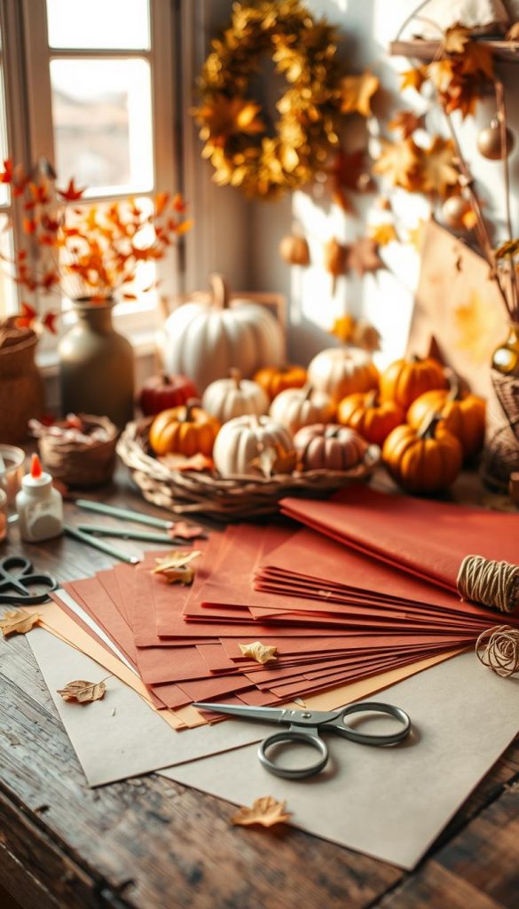 A cozy workspace filled with essential DIY autumn project materials, featuring natural warm colors and a Pinterest-inspired aesthetic. In the foreground, a beautifully arranged selection of colorful papers, including rich reds, burnt oranges, and golden yellows, lies on a rustic wooden desk. Scattered around are scissors, glue, and a roll of twine. In the middle ground, there are various autumn-themed crafts, such as paper leaves and miniature pumpkins, in various stages of completion. The background showcases a softly lit window with gentle sunlight filtering through, casting warm hues across the scene. The overall mood is inviting and inspiring, reflecting the brand KlickKiste's commitment to natural, authentic DIY projects. The scene should depict a serene, creative atmosphere, with no people present.