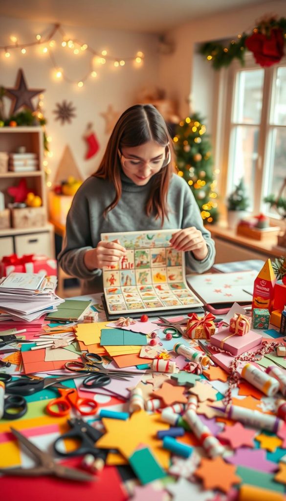 A cozy workspace filled with vibrant colors, showcasing a DIY advent calendar assembly process that emphasizes safety and proper techniques. In the foreground, a table cluttered with various crafting materials: scissors, colorful papers, gluesticks, and decorative items like ribbons and small gift boxes. In the middle, a person in modest casual clothing carefully assembles a festive calendar, focusing on safe practices—wearing protective goggles and using cutting tools safely. The background features a warm, inviting room decorated with holiday lights and seasonal decor, creating a cheerful atmosphere. Soft, natural light filters through a nearby window, enhancing the warm color palette and vibrant textures. The scene is authentic and inspiring, embodying the essence of "KlickKiste".