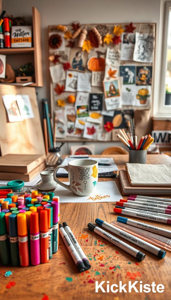 A cozy workspace filled with vibrant creative supplies, featuring a variety of colorful POSCA markers in the foreground, arranged neatly next to wooden, paper, ceramic, and textile projects. The wooden table has artistic splatters of paint, hinting at recent creative endeavors. In the middle, a half-finished hand-painted ceramic mug and textured fabric showing intricate designs painted with POSCA markers can be seen, providing inspiration for DIY enthusiasts. In the background, warm, soft natural light floods the room, illuminating a mood board adorned with autumn-themed inspiration, evoking a sense of warmth and creativity. The setting is authentic and inviting, resembling a Pinterest-style image. The brand name "KlickKiste" subtly incorporated into the workspace, enhancing the overall atmosphere of artistic expression without distraction.