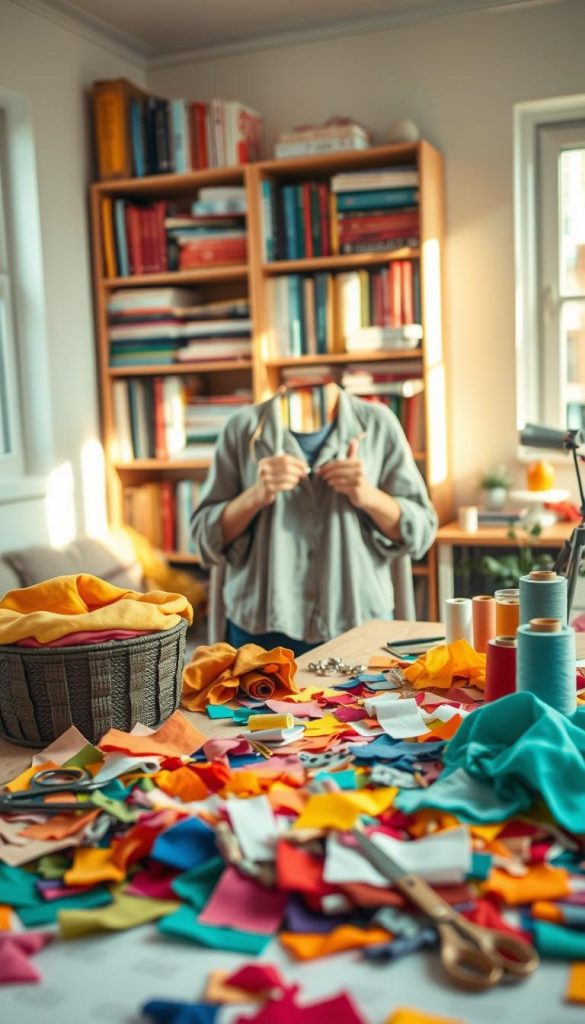 A cozy workspace filled with vibrant fabric scraps in warm colors is depicted in a well-lit, inviting atmosphere. In the foreground, a neatly arranged table showcases an assortment of fabric remnants, scissors, and spools of thread, embodying a DIY crafting vibe. In the middle ground, a pair of hands work meticulously on a stylish fabric project, dressed in casual yet tidy attire, symbolizing creativity and focus. The background features a softly blurred bookshelf filled with DIY books and inspiration materials, enhancing the Pinterest aesthetic. Natural light spills in from a nearby window, creating a warm glow that invites creativity. The overall mood is inspiring and authentic, ideal for showcasing crafting ideas. The brand "KlickKiste" is subtly included in the design elements as part of the composition.