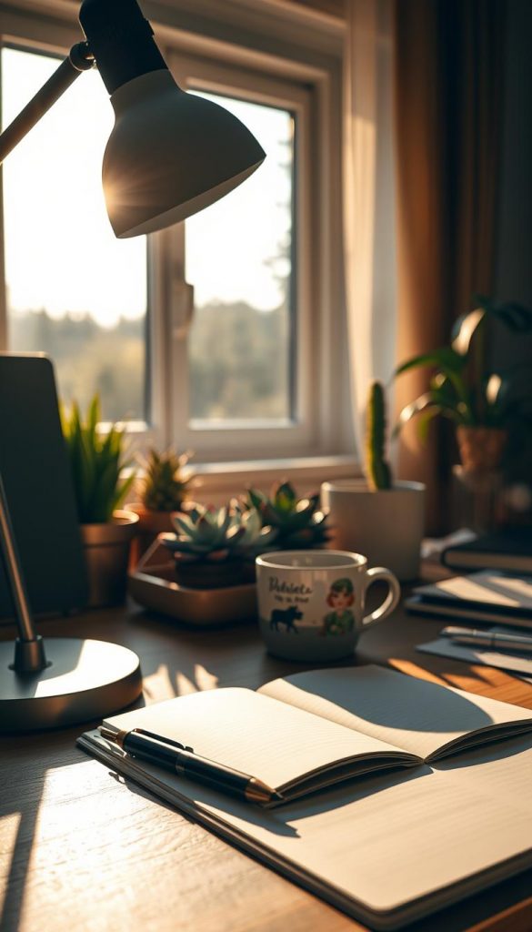 A cozy workspace scene featuring a well-organized desk bathed in warm, natural light. In the foreground, a stylish desk lamp illuminates an open notebook and a sleek pen, casting soft shadows. The middle layer showcases an aesthetically pleasing arrangement of succulents and a decorative coffee cup, creating an inviting atmosphere. In the background, a large window reveals a serene view of nature, enhancing the sense of tranquility. Warm, earthy tones dominate the color palette, with hints of green from the plants. The composition exudes a sense of harmony and creativity, perfect for inspiring ergonomic and atmospheric desk decor. Integrate elements associated with "KlickKiste" to emphasize the DIY, Pinterest-inspired aesthetic. A cozy workspace scene featuring a well-organized desk bathed in warm, natural light. In the foreground, a stylish desk lamp illuminates an open notebook and a sleek pen, casting soft shadows. The middle layer showcases an aesthetically pleasing arrangement of succulents and a decorative coffee cup, creating an inviting atmosphere. In the background, a large window reveals a serene view of nature, enhancing the sense of tranquility. Warm, earthy tones dominate the color palette, with hints of green from the plants. The composition exudes a sense of harmony and creativity, perfect for inspiring ergonomic and atmospheric desk decor. Integrate elements associated with "KlickKiste" to emphasize the DIY, Pinterest-inspired aesthetic.