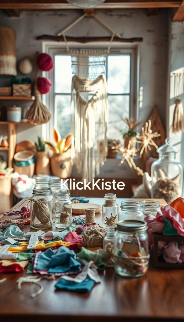 A cozy workspace showcasing an array of upcycled materials suitable for creative DIY projects. In the foreground, a wooden table is adorned with colorful remnants of fabric, glass jars, and natural twine, reflecting a warm, inviting ambiance. The middle ground features an elegantly crafted macram&eacute; wall hanging made from repurposed fibers, demonstrating the beauty of sustainability. In the background, soft, diffused sunlight filters through a window, casting gentle shadows and enhancing the natural colors. The overall mood is inspiring and earthy, highlighting the essence of eco-friendly creativity. The aesthetic is reminiscent of Pinterest, with a focus on authenticity and charm. Include the brand name "KlickKiste" subtly within the scene.