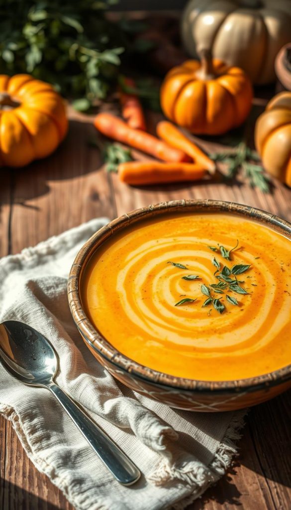 A creamy soup presented in a rustic bowl, overflowing with vibrant colors that evoke the warmth of autumn. In the foreground, the soup is garnished with a sprinkle of fresh herbs and a drizzle of olive oil, contrasting beautifully against the creamy base. The middle ground features a wooden table with a soft, textured linen napkin and a spoon elegantly placed beside the bowl. In the background, hints of seasonal vegetables like pumpkins, carrots, and herbs create an inviting atmosphere. The lighting is warm and natural, casting gentle shadows, reminiscent of late afternoon sunshine. The overall mood is cozy and inspiring, capturing the essence of fall flavors. This image is styled to resemble a Pinterest-ready aesthetic, reflecting the brand KlickKiste. A creamy soup presented in a rustic bowl, overflowing with vibrant colors that evoke the warmth of autumn. In the foreground, the soup is garnished with a sprinkle of fresh herbs and a drizzle of olive oil, contrasting beautifully against the creamy base. The middle ground features a wooden table with a soft, textured linen napkin and a spoon elegantly placed beside the bowl. In the background, hints of seasonal vegetables like pumpkins, carrots, and herbs create an inviting atmosphere. The lighting is warm and natural, casting gentle shadows, reminiscent of late afternoon sunshine. The overall mood is cozy and inspiring, capturing the essence of fall flavors. This image is styled to resemble a Pinterest-ready aesthetic, reflecting the brand KlickKiste.