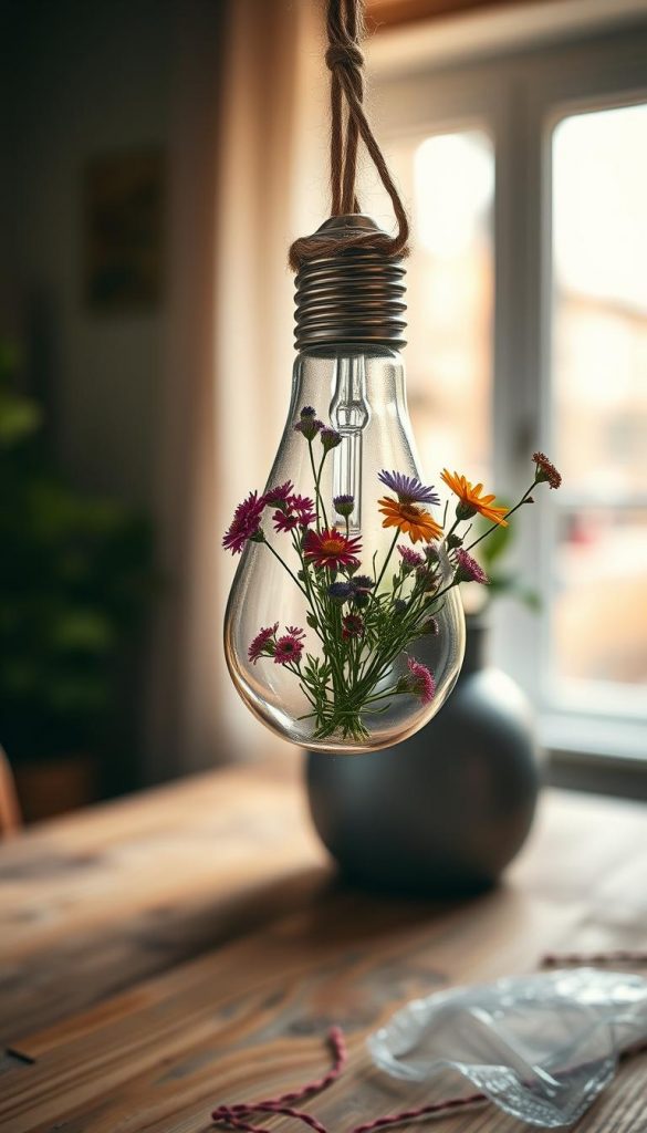 A creative, hanging vase made from a repurposed light bulb, beautifully adorned with fresh flowers and greenery. The foreground captures the elegant bulb vase, intricately suspended by natural twine, showcasing a vibrant assortment of wildflowers. In the middle ground, a softly blurred wooden table adds texture, while in the background, warm natural lighting filters through a window, creating a cozy, inviting atmosphere. The overall effect is reminiscent of a Pinterest-inspired DIY project, with earthy tones and a touch of rustic charm. Designed for "KlickKiste," the scene evokes inspiration and authenticity, perfect for showcasing innovative uses of old materials in a naturally beautiful ambience.