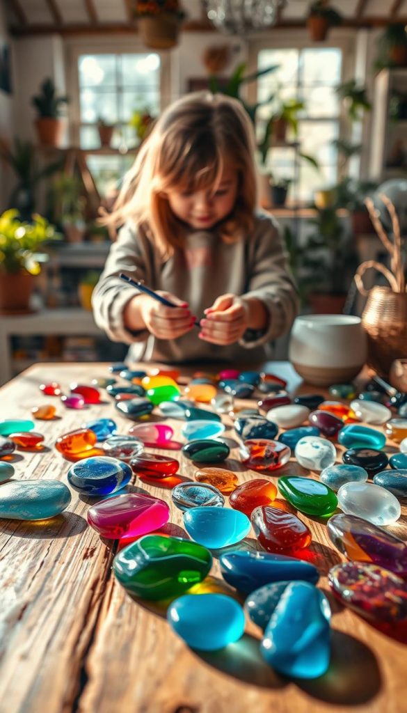A creative workspace featuring various upcycled glass stones, showcasing their transformation into beautiful decorative pieces. In the foreground, vibrant glass stones are arranged meticulously on a rustic wooden table, reflecting warm natural light. In the middle, a child's hands, depicted in modest casual clothing, are seen painting or decorating the glass stones with eco-friendly paints and materials. The background displays a cozy, sunlit room filled with plants and DIY supplies, enhancing the inviting atmosphere. Soft bokeh elements add a dreamy quality to the surroundings, with the brand name "KlickKiste" subtly integrated into the scene. Overall, the image should inspire creativity and a sense of sustainability, with inviting warm colors and a Pinterest-worthy aesthetic.