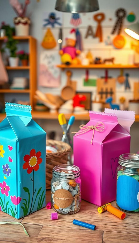A creative workspace filled with upcycled children's birthday party crafts, highlighting ingenious uses of milk cartons, jars, and packaging materials. In the foreground, colorful milk cartons transformed into playful party decorations, with vibrant painted designs and embellishments. In the middle ground, glass jars filled with homemade party favors, such as candy and small toys, wrapped in cheerful fabric and twine. The background features a cozy table strewn with crafting supplies like scissors, glue, and ribbons, all bathed in warm, inviting light. The atmosphere is playful and inspiring, reminiscent of a Pinterest board, evoking a sense of authenticity and creativity. The image should display the brand name "KlickKiste" subtly integrated into the scene.