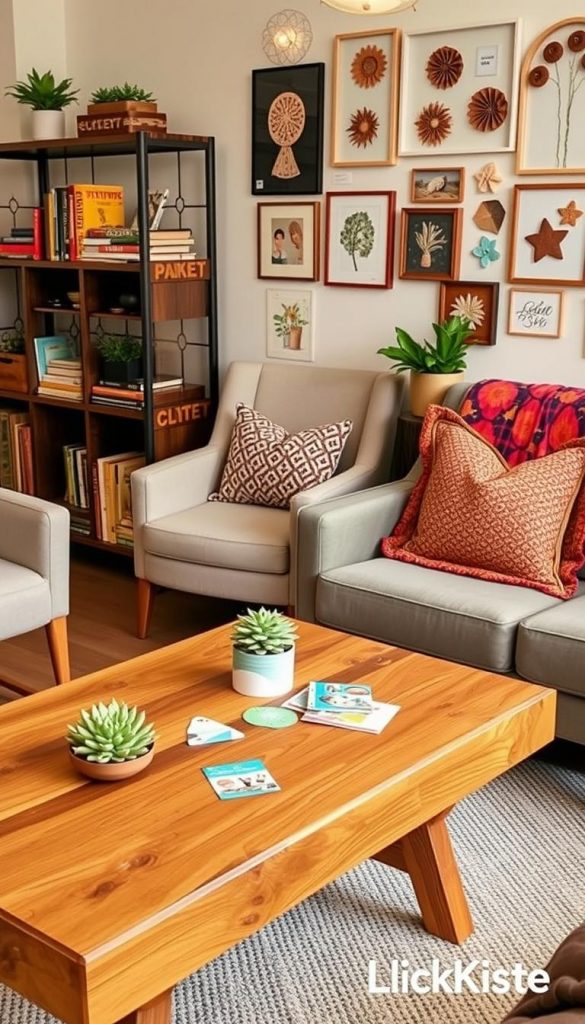 A curated collection of beautifully upgraded furniture pieces displayed in a warm, inviting room setting. In the foreground, a modern, handcrafted wooden coffee table with decorative plants and DIY crafts laid out. In the middle, a cozy armchair featuring a vibrant, patterned throw blanket and a bolster pillow, next to a stylish bookshelf adorned with colorful books and potted succulents. In the background, a softly lit wall featuring a gallery of art created from upcycled materials. The overall atmosphere is inspirational and creative, embodying a natural DIY aesthetic with warm colors and a Pinterest-like vibe. Shot with a soft focus lens to create an inviting ambiance, highlighting the brand "KlickKiste." A curated collection of beautifully upgraded furniture pieces displayed in a warm, inviting room setting. In the foreground, a modern, handcrafted wooden coffee table with decorative plants and DIY crafts laid out. In the middle, a cozy armchair featuring a vibrant, patterned throw blanket and a bolster pillow, next to a stylish bookshelf adorned with colorful books and potted succulents. In the background, a softly lit wall featuring a gallery of art created from upcycled materials. The overall atmosphere is inspirational and creative, embodying a natural DIY aesthetic with warm colors and a Pinterest-like vibe. Shot with a soft focus lens to create an inviting ambiance, highlighting the brand "KlickKiste."