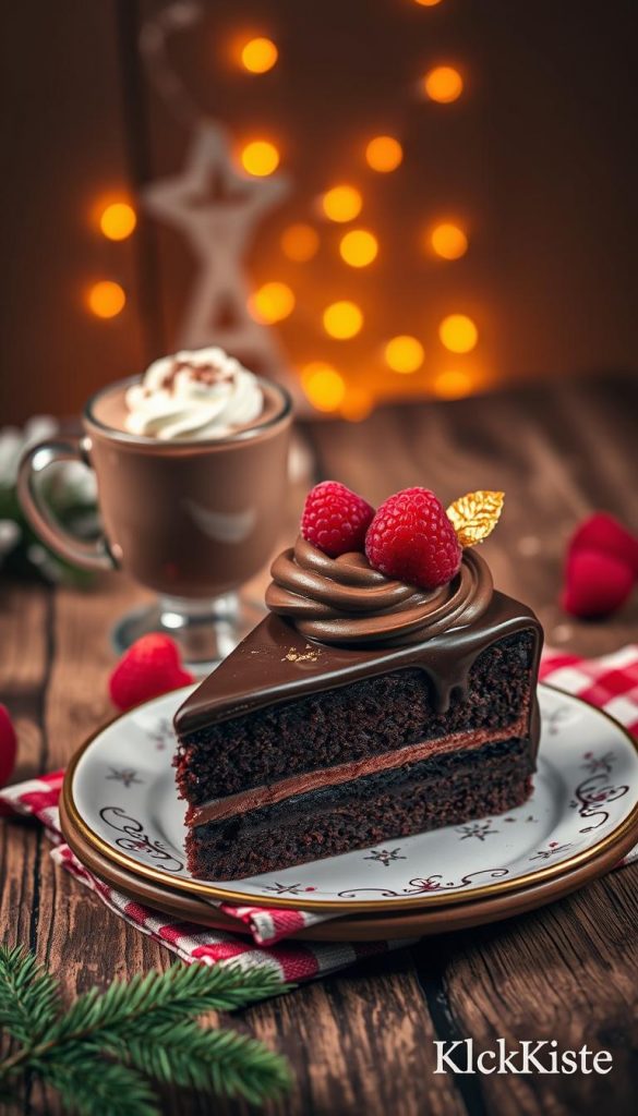 A delectable chocolate dessert depicted as an indulgent slice of rich, glossy chocolate cake topped with a swirl of velvety chocolate ganache, embellished with fresh raspberries and delicate edible gold leaf. In the foreground, the cake is elegantly placed on a rustic wooden table, accented by a festive, checked cloth. In the middle, a steaming cup of hot cocoa garnished with whipped cream and a sprinkle of cocoa powder sits invitingly beside the cake, hinting at cozy winter moments. Soft, warm lighting bathes the scene, creating an inviting atmosphere reminiscent of a charming bakery. In the background, faint silhouettes of twinkling fairy lights suggest a winter celebration ambiance. This image, styled with a Pinterest aesthetic, embodies the spirit of sweet winter moments and is branded with "KlickKiste". A delectable chocolate dessert depicted as an indulgent slice of rich, glossy chocolate cake topped with a swirl of velvety chocolate ganache, embellished with fresh raspberries and delicate edible gold leaf. In the foreground, the cake is elegantly placed on a rustic wooden table, accented by a festive, checked cloth. In the middle, a steaming cup of hot cocoa garnished with whipped cream and a sprinkle of cocoa powder sits invitingly beside the cake, hinting at cozy winter moments. Soft, warm lighting bathes the scene, creating an inviting atmosphere reminiscent of a charming bakery. In the background, faint silhouettes of twinkling fairy lights suggest a winter celebration ambiance. This image, styled with a Pinterest aesthetic, embodies the spirit of sweet winter moments and is branded with "KlickKiste".