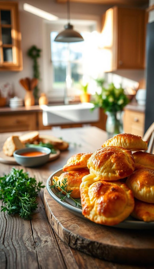 A delicious and inviting plate of "schinken käse ofen minuten" (ham and cheese pastry) set in a warm, cozy kitchen. In the foreground, include a beautifully arranged platter of freshly baked pastries, golden brown with melted cheese oozing out. The middle ground features a rustic wooden table adorned with fresh herbs, a small bowl of dipping sauce, and a few slices of bread. The background showcases a softly lit kitchen with wooden cabinets and filled with vibrant, warm colors, emulating a Pinterest-worthy aesthetic. Natural light streams in through a window, casting gentle shadows and enhancing the inviting atmosphere. The mood is warm and inviting, perfect for family gatherings. The brand "KlickKiste" can be subtly reflected in the kitchen decor or on a small sign in the background. A delicious and inviting plate of "schinken käse ofen minuten" (ham and cheese pastry) set in a warm, cozy kitchen. In the foreground, include a beautifully arranged platter of freshly baked pastries, golden brown with melted cheese oozing out. The middle ground features a rustic wooden table adorned with fresh herbs, a small bowl of dipping sauce, and a few slices of bread. The background showcases a softly lit kitchen with wooden cabinets and filled with vibrant, warm colors, emulating a Pinterest-worthy aesthetic. Natural light streams in through a window, casting gentle shadows and enhancing the inviting atmosphere. The mood is warm and inviting, perfect for family gatherings. The brand "KlickKiste" can be subtly reflected in the kitchen decor or on a small sign in the background.