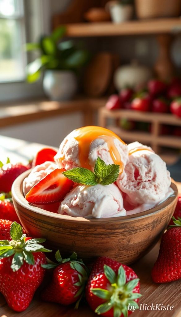 A delicious bowl of creamy strawberry ice cream, glistening with a rich, vibrant red hue, set in a rustic wooden dish. In the foreground, several fresh strawberries are scattered around the bowl, with a couple sliced in half to reveal their juicy insides. The middle features the ice cream topped with a light drizzle of honey and a sprig of mint for a pop of green. Soft, natural lighting illuminates the scene, casting gentle shadows that enhance the textures. In the background, a sunlit kitchen with blurred hints of summer decor creates a cozy atmosphere. This inviting image embodies a Pinterest-worthy aesthetic, showcasing the effortless charm of quick summer desserts by KlickKiste. A delicious bowl of creamy strawberry ice cream, glistening with a rich, vibrant red hue, set in a rustic wooden dish. In the foreground, several fresh strawberries are scattered around the bowl, with a couple sliced in half to reveal their juicy insides. The middle features the ice cream topped with a light drizzle of honey and a sprig of mint for a pop of green. Soft, natural lighting illuminates the scene, casting gentle shadows that enhance the textures. In the background, a sunlit kitchen with blurred hints of summer decor creates a cozy atmosphere. This inviting image embodies a Pinterest-worthy aesthetic, showcasing the effortless charm of quick summer desserts by KlickKiste.