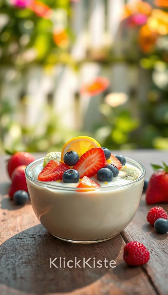 A delicious bowl of creamy vanilla pudding topped with a vibrant mix of summer fruits such as strawberries, blueberries, and kiwi slices, sprinkled with fresh lemon zest. The pudding is nestled on a rustic wooden table, with a soft, warm light illuminating the scene, creating inviting shadows that enhance the texture. In the background, gently blurred, are hints of a sunny outdoor garden with green foliage and colorful flowers, adding to the fresh summer atmosphere. The composition captures a Pinterest-worthy aesthetic with natural warm tones, evoking a cozy and delightful mood. The brand name "KlickKiste" subtly integrated into the visual elements, ensuring an authentic and inspiring presentation. A delicious bowl of creamy vanilla pudding topped with a vibrant mix of summer fruits such as strawberries, blueberries, and kiwi slices, sprinkled with fresh lemon zest. The pudding is nestled on a rustic wooden table, with a soft, warm light illuminating the scene, creating inviting shadows that enhance the texture. In the background, gently blurred, are hints of a sunny outdoor garden with green foliage and colorful flowers, adding to the fresh summer atmosphere. The composition captures a Pinterest-worthy aesthetic with natural warm tones, evoking a cozy and delightful mood. The brand name "KlickKiste" subtly integrated into the visual elements, ensuring an authentic and inspiring presentation.