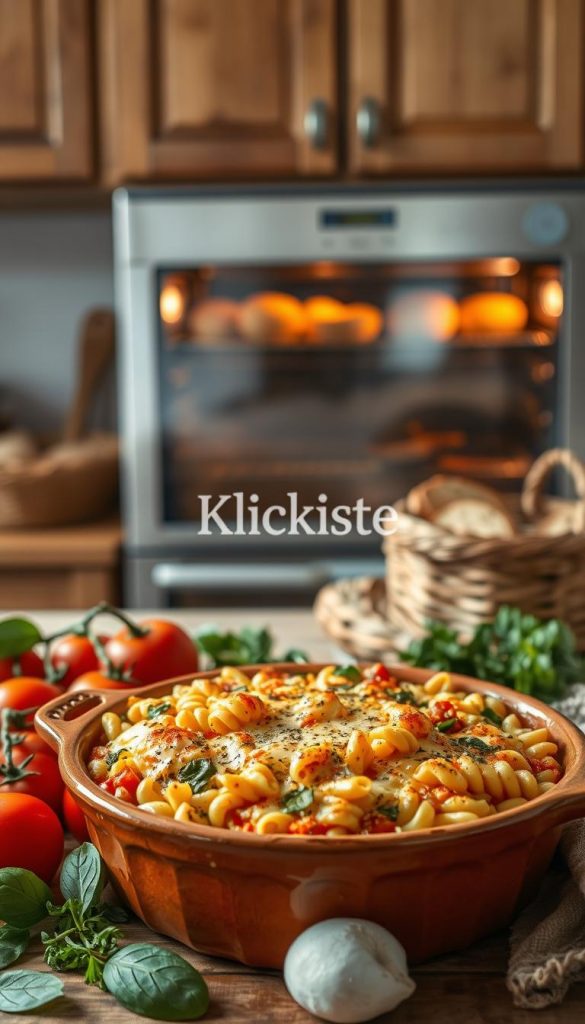 A delicious household dish of "auflauf," presented in a rustic ceramic baking dish, filled with golden, bubbling layers of cheese, vegetables, and pasta, located in the foreground. Surround this with an assortment of fresh ingredients like vibrant tomatoes, leafy spinach, and aromatic herbs, adding depth to the scene. In the middle, include a warm, inviting kitchen setting with wooden cabinets and a woven basket holding bread. In the background, a softly glowing oven showcases the “auflauf” being cooked, emitting a comforting warmth. The image is bathed in natural light, with soft shadows, giving it a Pinterest-worthy aesthetic. Capture the essence of family togetherness and home-cooked meals. The mood is cozy and inspiring. Include a subtle logo of "KlickKiste" somewhere in the composition, integrated organically into the scene. A delicious household dish of "auflauf," presented in a rustic ceramic baking dish, filled with golden, bubbling layers of cheese, vegetables, and pasta, located in the foreground. Surround this with an assortment of fresh ingredients like vibrant tomatoes, leafy spinach, and aromatic herbs, adding depth to the scene. In the middle, include a warm, inviting kitchen setting with wooden cabinets and a woven basket holding bread. In the background, a softly glowing oven showcases the “auflauf” being cooked, emitting a comforting warmth. The image is bathed in natural light, with soft shadows, giving it a Pinterest-worthy aesthetic. Capture the essence of family togetherness and home-cooked meals. The mood is cozy and inspiring. Include a subtle logo of "KlickKiste" somewhere in the composition, integrated organically into the scene.