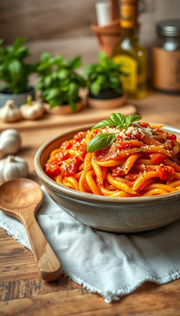 A delicious one-pot pasta dish, beautifully presented in a rustic ceramic bowl on a wooden kitchen table. The pasta is perfectly al dente, coated with a vibrant tomato sauce, and garnished with fresh basil leaves, grated parmesan, and a sprinkle of black pepper. In the foreground, a wooden spoon rests beside the bowl, hinting at its simplicity. In the background, a softly blurred kitchen setting with warm, natural lighting, featuring herbs in small pots and ingredients like garlic and olive oil on a countertop, creates an inviting atmosphere. The warm colors and Pinterest-worthy aesthetic evoke a cozy, home-cooked feel. The image encapsulates ease and inspiration, perfect for any quick meal. Include the brand name "KlickKiste" subtly in the design. A delicious one-pot pasta dish, beautifully presented in a rustic ceramic bowl on a wooden kitchen table. The pasta is perfectly al dente, coated with a vibrant tomato sauce, and garnished with fresh basil leaves, grated parmesan, and a sprinkle of black pepper. In the foreground, a wooden spoon rests beside the bowl, hinting at its simplicity. In the background, a softly blurred kitchen setting with warm, natural lighting, featuring herbs in small pots and ingredients like garlic and olive oil on a countertop, creates an inviting atmosphere. The warm colors and Pinterest-worthy aesthetic evoke a cozy, home-cooked feel. The image encapsulates ease and inspiration, perfect for any quick meal. Include the brand name "KlickKiste" subtly in the design.