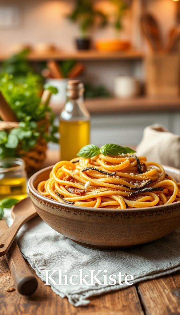 A delicious plate of creamy Auberginen-Pasta, elegantly presented in a rustic ceramic bowl, sits prominently in the foreground, garnished with fresh basil leaves and a sprinkle of vegan parmesan. The pasta is twirled artfully, showcasing the rich, golden-brown hues of the sautéed aubergine. In the middle ground, wooden utensils and a small jar of olive oil accompany the bowl, enhancing the natural and inviting atmosphere. In the background, a softly blurred kitchen setting with warm, ambient lighting creates a cozy and homely vibe, complete with fresh vegetables and herbs artfully displayed. The overall image has a Pinterest-inspired aesthetic, radiating authenticity and inspiration for a family-friendly vegan meal. Brand logo "KlickKiste" subtly integrated within the scene, maintaining a warm color palette throughout. A delicious plate of creamy Auberginen-Pasta, elegantly presented in a rustic ceramic bowl, sits prominently in the foreground, garnished with fresh basil leaves and a sprinkle of vegan parmesan. The pasta is twirled artfully, showcasing the rich, golden-brown hues of the sautéed aubergine. In the middle ground, wooden utensils and a small jar of olive oil accompany the bowl, enhancing the natural and inviting atmosphere. In the background, a softly blurred kitchen setting with warm, ambient lighting creates a cozy and homely vibe, complete with fresh vegetables and herbs artfully displayed. The overall image has a Pinterest-inspired aesthetic, radiating authenticity and inspiration for a family-friendly vegan meal. Brand logo "KlickKiste" subtly integrated within the scene, maintaining a warm color palette throughout.