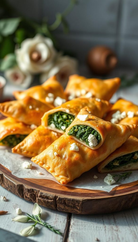 A delicious plate of freshly baked yufka börek filled with vibrant spinach and crumbled feta cheese, elegantly displayed on a rustic wooden table. The golden-brown pastry is crispy and flaky, arranged in a visually appealing manner, with a few pieces slightly lifted to showcase the filling. Soft natural lighting casts a warm, inviting glow over the scene, enhancing the appetizing textures. In the background, a blurred view of greenery and soft pastels suggests a cozy kitchen environment. Accentuate the image with hints of spices and herbs scattered around, inspiring a home-cooked vibe. The overall mood conveys warmth, authenticity, and inspiration, perfect for a culinary delight by "KlickKiste." A delicious plate of freshly baked yufka börek filled with vibrant spinach and crumbled feta cheese, elegantly displayed on a rustic wooden table. The golden-brown pastry is crispy and flaky, arranged in a visually appealing manner, with a few pieces slightly lifted to showcase the filling. Soft natural lighting casts a warm, inviting glow over the scene, enhancing the appetizing textures. In the background, a blurred view of greenery and soft pastels suggests a cozy kitchen environment. Accentuate the image with hints of spices and herbs scattered around, inspiring a home-cooked vibe. The overall mood conveys warmth, authenticity, and inspiration, perfect for a culinary delight by "KlickKiste."