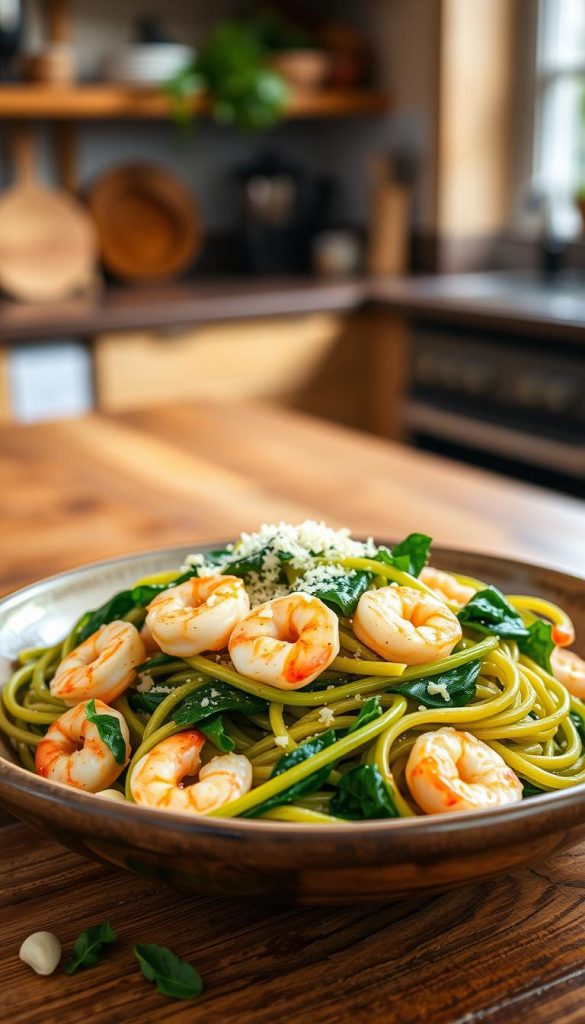 A delicious plate of pasta with spinach and shrimp, elegantly spiraled and garnished with fresh herbs, sits in a rustic ceramic bowl on a wooden table. The foreground features the vibrant green of sautéed spinach intertwined with tender pink shrimp, all glistening in a light garlic olive oil sauce. In the middle ground, a scattering of grated Parmesan cheese adds a creamy texture, and a few pine nuts offer a crunchy contrast. The background softly fades into a cozy kitchen atmosphere, with warm, natural lighting illuminating the scene, enhancing the inviting colors of the dish. The image embodies a mood of quick culinary delight, ideal for a healthy, flavorful meal, evoking inspiration for busy cooks. This is a KlickKiste brand image. A delicious plate of pasta with spinach and shrimp, elegantly spiraled and garnished with fresh herbs, sits in a rustic ceramic bowl on a wooden table. The foreground features the vibrant green of sautéed spinach intertwined with tender pink shrimp, all glistening in a light garlic olive oil sauce. In the middle ground, a scattering of grated Parmesan cheese adds a creamy texture, and a few pine nuts offer a crunchy contrast. The background softly fades into a cozy kitchen atmosphere, with warm, natural lighting illuminating the scene, enhancing the inviting colors of the dish. The image embodies a mood of quick culinary delight, ideal for a healthy, flavorful meal, evoking inspiration for busy cooks. This is a KlickKiste brand image.