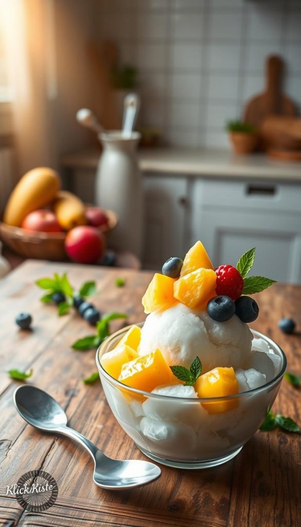 A delicious, refreshing bowl of coconut milk fruit ice, displaying vibrant colors of tropical fruits like mango, pineapple, and berries, artistically arranged on top of a creamy, off-white coconut ice base. In the foreground, a spoon rests beside the bowl, inviting the viewer to indulge. The middle ground features a rustic wooden table, adorned with scattered mint leaves and a few whole fruits, enhancing the natural, wholesome feel. In the background, soft, warm sunlight filters through, creating a dreamy, summery atmosphere reminiscent of a cozy kitchen. The overall composition is clean and minimalist, reflecting a healthy, vegan lifestyle, with a Pinterest-worthy aesthetic. Brand name "KlickKiste" is subtly implied through the choice of ingredients and style, creating an authentic, inspiring vibe. A delicious, refreshing bowl of coconut milk fruit ice, displaying vibrant colors of tropical fruits like mango, pineapple, and berries, artistically arranged on top of a creamy, off-white coconut ice base. In the foreground, a spoon rests beside the bowl, inviting the viewer to indulge. The middle ground features a rustic wooden table, adorned with scattered mint leaves and a few whole fruits, enhancing the natural, wholesome feel. In the background, soft, warm sunlight filters through, creating a dreamy, summery atmosphere reminiscent of a cozy kitchen. The overall composition is clean and minimalist, reflecting a healthy, vegan lifestyle, with a Pinterest-worthy aesthetic. Brand name "KlickKiste" is subtly implied through the choice of ingredients and style, creating an authentic, inspiring vibe.