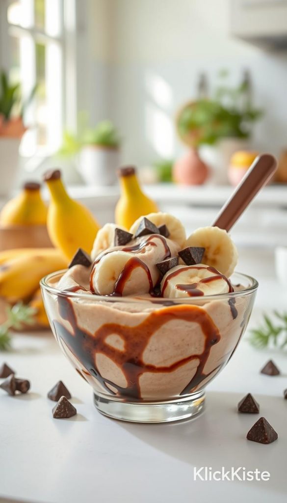 A delicious serving of banana chocolate nice cream, beautifully presented in a charming glass bowl. The foreground features a smooth, creamy texture of the nice cream, swirled with rich chocolate sauce and topped with banana slices. In the middle, vibrant, ripe bananas and dark chocolate chunks are artfully arranged around the bowl, adding a pop of color and richness. The background is softly blurred with a light, pastel-colored kitchen setting, adorned with fresh herbs and a hint of summer sunlight streaming in through a window, creating a warm and inviting atmosphere. The image embodies a playful, child-friendly mood, perfect for a family dessert. Capture this authentic, Pinterest-worthy scene with natural lighting to emphasize the warm colors. Include subtle branding element "KlickKiste" in a tasteful manner. A delicious serving of banana chocolate nice cream, beautifully presented in a charming glass bowl. The foreground features a smooth, creamy texture of the nice cream, swirled with rich chocolate sauce and topped with banana slices. In the middle, vibrant, ripe bananas and dark chocolate chunks are artfully arranged around the bowl, adding a pop of color and richness. The background is softly blurred with a light, pastel-colored kitchen setting, adorned with fresh herbs and a hint of summer sunlight streaming in through a window, creating a warm and inviting atmosphere. The image embodies a playful, child-friendly mood, perfect for a family dessert. Capture this authentic, Pinterest-worthy scene with natural lighting to emphasize the warm colors. Include subtle branding element "KlickKiste" in a tasteful manner.