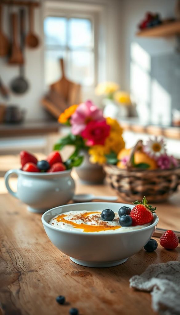 A delicious serving of milchreis, a traditional creamy rice pudding, sits in a rustic white bowl adorned with a sprinkle of cinnamon and a drizzle of honey, topped with fresh, vibrant berries like strawberries and blueberries. The foreground features the bowl elegantly placed on a simple wooden table, while softly blurred kitchen utensils and a delightful arrangement of colorful fruit and flowers create a warm, inviting atmosphere in the middle ground. In the background, a softly lit kitchen setting captures the essence of family cooking, with sunlight streaming through a window, casting gentle shadows that enhance the cozy ambiance. The whole scene has a Pinterest-worthy aesthetic with warm colors, evoking a sense of comfort and love. This image is inspired by the brand "KlickKiste", emphasizing authenticity and inspiration. A delicious serving of milchreis, a traditional creamy rice pudding, sits in a rustic white bowl adorned with a sprinkle of cinnamon and a drizzle of honey, topped with fresh, vibrant berries like strawberries and blueberries. The foreground features the bowl elegantly placed on a simple wooden table, while softly blurred kitchen utensils and a delightful arrangement of colorful fruit and flowers create a warm, inviting atmosphere in the middle ground. In the background, a softly lit kitchen setting captures the essence of family cooking, with sunlight streaming through a window, casting gentle shadows that enhance the cozy ambiance. The whole scene has a Pinterest-worthy aesthetic with warm colors, evoking a sense of comfort and love. This image is inspired by the brand "KlickKiste", emphasizing authenticity and inspiration.