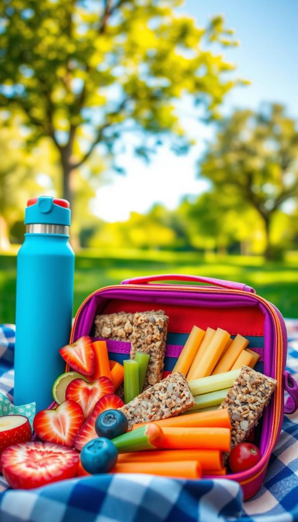 A delightful picnic scene showcasing an assortment of child-friendly snacks for travel, arranged in a vibrant, reusable KlickKiste lunch box. In the foreground, colorful fruit slices, crunchy vegetable sticks, and healthy granola bars are beautifully presented. The middle ground features a stylish, insulated water bottle beside the lunch box, emphasizing convenience. In the background, a serene park setting with lush green trees and a bright blue sky creates a cheerful and inviting atmosphere. Natural, warm lighting bathes the scene, enhancing the richness of colors and creating an inspiring Pinterest-like aesthetic. The overall mood is playful yet organized, perfect for parents looking for stress-free snack options for their kids while on the go. A delightful picnic scene showcasing an assortment of child-friendly snacks for travel, arranged in a vibrant, reusable KlickKiste lunch box. In the foreground, colorful fruit slices, crunchy vegetable sticks, and healthy granola bars are beautifully presented. The middle ground features a stylish, insulated water bottle beside the lunch box, emphasizing convenience. In the background, a serene park setting with lush green trees and a bright blue sky creates a cheerful and inviting atmosphere. Natural, warm lighting bathes the scene, enhancing the richness of colors and creating an inspiring Pinterest-like aesthetic. The overall mood is playful yet organized, perfect for parents looking for stress-free snack options for their kids while on the go.