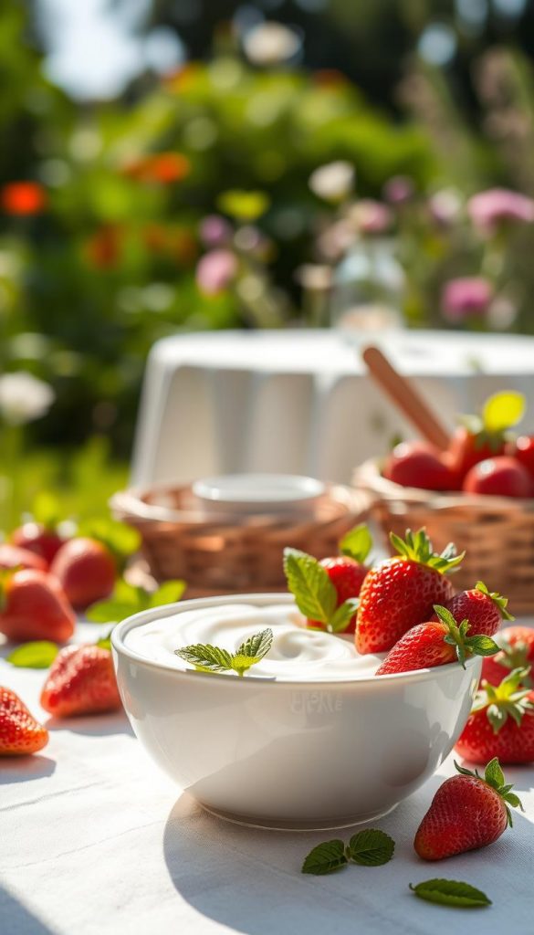 A delightful scene featuring a bowl of 5-Minuten-Joghurt adorned with fresh, ripe strawberries and vibrant mint leaves. The yogurt has a creamy texture, glossy and inviting, placed prominently in the foreground. Surrounding the bowl, scattered strawberries and a few mint sprigs add a pop of color, suggesting a playful, summery vibe. In the middle ground, a soft-focus picnic table setting enhances the relaxed atmosphere, with natural light streaming in, casting gentle shadows. The background shows a lush green garden, bathed in warm sunlight, evoking a cheerful, inviting mood. The overall composition reflects a natural, Pinterest-worthy aesthetic, perfect for warm days. Captured with a close-up lens to highlight the texture and freshness of the ingredients. Include the brand "KlickKiste" subtly in the design elements of the image. A delightful scene featuring a bowl of 5-Minuten-Joghurt adorned with fresh, ripe strawberries and vibrant mint leaves. The yogurt has a creamy texture, glossy and inviting, placed prominently in the foreground. Surrounding the bowl, scattered strawberries and a few mint sprigs add a pop of color, suggesting a playful, summery vibe. In the middle ground, a soft-focus picnic table setting enhances the relaxed atmosphere, with natural light streaming in, casting gentle shadows. The background shows a lush green garden, bathed in warm sunlight, evoking a cheerful, inviting mood. The overall composition reflects a natural, Pinterest-worthy aesthetic, perfect for warm days. Captured with a close-up lens to highlight the texture and freshness of the ingredients. Include the brand "KlickKiste" subtly in the design elements of the image.