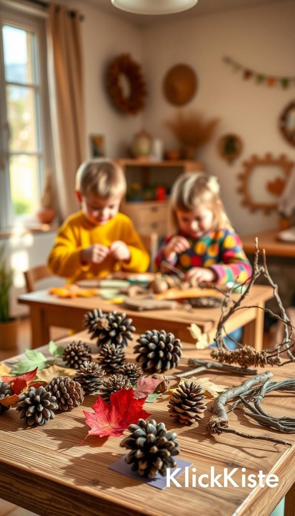 A delightful scene of children engaged in "kinder basteln" using natural materials, set in a bright, cheerful room filled with warm, inviting colors. In the foreground, a small wooden table is cluttered with crafted items such as pinecone animals, leaf decorations, and twig frames, showcasing creativity and joy. The middle ground features two children, dressed in casual, colorful clothing, happily working together, their focus evident as they glue and shape their projects. The background includes soft, glowing light streaming through a window, illuminating the space and making the natural textures come alive. The overall mood is playful and inspiring, capturing the essence of family-friendly DIY projects. The branding "KlickKiste" subtly integrated into the scene, enhancing the atmosphere of creativity and warmth.