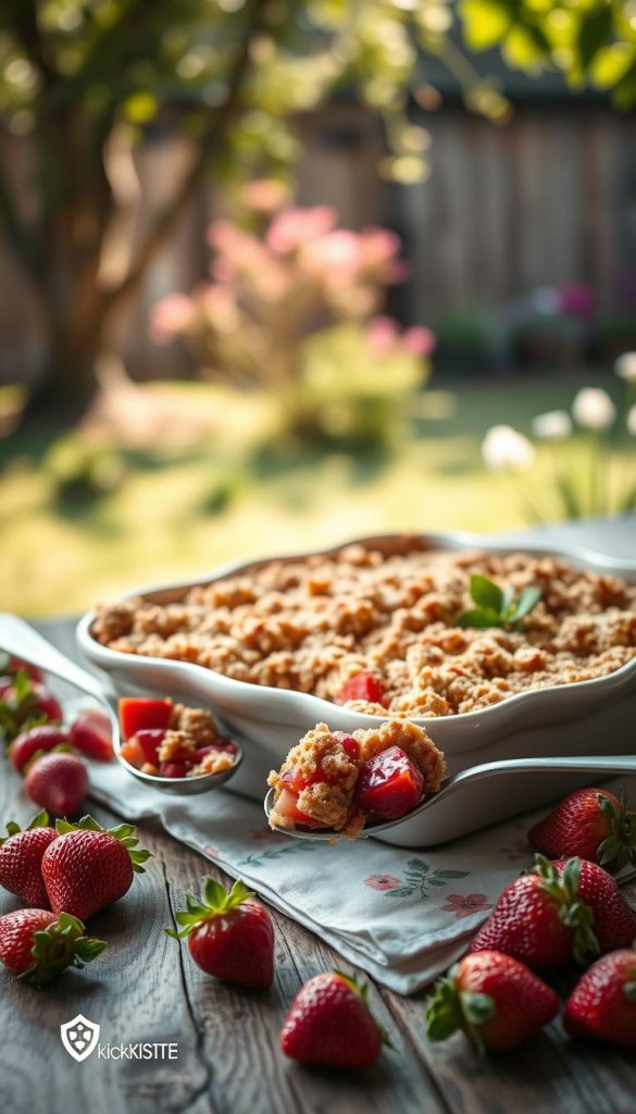 A delightful springtime scene featuring a freshly baked rhubarb and strawberry crumble in an elegant ceramic dish, showcasing a crust golden brown with a crumbly texture. The foreground captures spoonfuls of the crumble, with juicy strawberries and vibrant rhubarb peeking through. In the middle, the dish rests on a rustic wooden table adorned with a light floral napkin and fresh strawberries scattered around, enhancing the natural beauty of the ingredients. The background features a soft, blurred garden setting with gentle sunlight filtering through leafy trees, creating a warm, inviting atmosphere. The overall mood is cheerful and inspiring, embodying the essence of spring with rich, warm colors. This image is branded with the logo of KlickKiste subtly placed to maintain authenticity. A delightful springtime scene featuring a freshly baked rhubarb and strawberry crumble in an elegant ceramic dish, showcasing a crust golden brown with a crumbly texture. The foreground captures spoonfuls of the crumble, with juicy strawberries and vibrant rhubarb peeking through. In the middle, the dish rests on a rustic wooden table adorned with a light floral napkin and fresh strawberries scattered around, enhancing the natural beauty of the ingredients. The background features a soft, blurred garden setting with gentle sunlight filtering through leafy trees, creating a warm, inviting atmosphere. The overall mood is cheerful and inspiring, embodying the essence of spring with rich, warm colors. This image is branded with the logo of KlickKiste subtly placed to maintain authenticity.