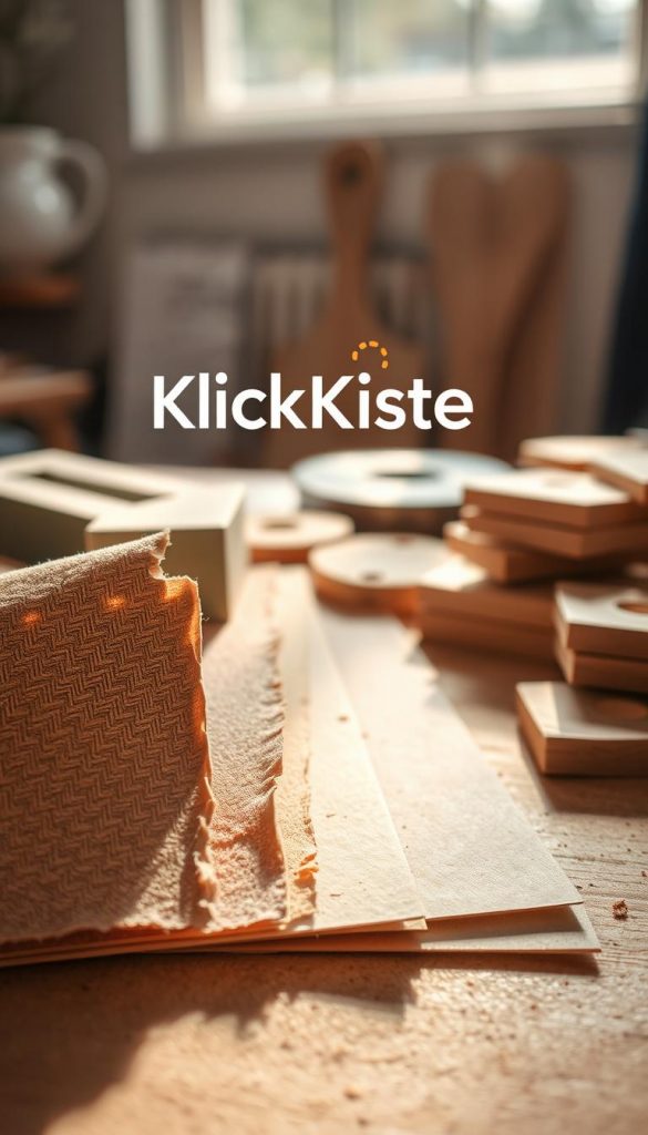 A detailed close-up view of different types of "schleifpapier risse" showcased in a warm, inviting atmosphere. In the foreground, various sheets of sandpaper with visible tears and wear, capturing the texture and color variations, are neatly arranged. The middle ground features tools like a sanding block and wood pieces that show hints of wear, suggesting an ongoing DIY project. In the background, a softly blurred workspace filled with natural light, casting gentle shadows, embodies a cozy, creative environment. The composition evokes a sense of inspiration and practicality, resembling a Pinterest aesthetic. The brand name "KlickKiste" subtly integrated into the corner of the workspace, enhancing the DIY theme without dominating the scene. A detailed close-up view of different types of "schleifpapier risse" showcased in a warm, inviting atmosphere. In the foreground, various sheets of sandpaper with visible tears and wear, capturing the texture and color variations, are neatly arranged. The middle ground features tools like a sanding block and wood pieces that show hints of wear, suggesting an ongoing DIY project. In the background, a softly blurred workspace filled with natural light, casting gentle shadows, embodies a cozy, creative environment. The composition evokes a sense of inspiration and practicality, resembling a Pinterest aesthetic. The brand name "KlickKiste" subtly integrated into the corner of the workspace, enhancing the DIY theme without dominating the scene.