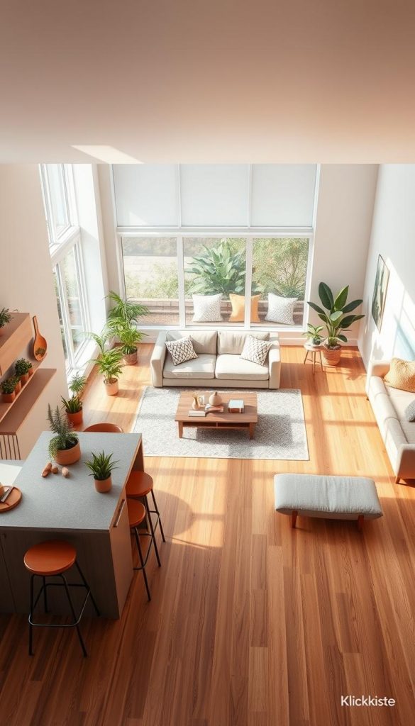 A detailed floor plan of an open kitchen and living area, showcasing a harmonious blend of functionality and aesthetics. In the foreground, a cozy kitchen island with bar stools, adorned with vibrant houseplants and warm-toned decorations. In the midsection, an inviting living space featuring a modern couch, accent pillows, and a coffee table, all in soft, natural colors. The background showcases large windows allowing natural light to flood the space, highlighting wooden flooring and minimalistic decor. The overall atmosphere is warm and inviting, exuding a Pinterest-inspired DIY aesthetic. The scene should reflect a balance of proportions and flow, ideal for a contemporary lifestyle. Include subtle branding elements from "KlickKiste" integrated into the decor. Soft, diffused lighting enhances the welcoming mood, shot from a slightly elevated angle for a comprehensive view.