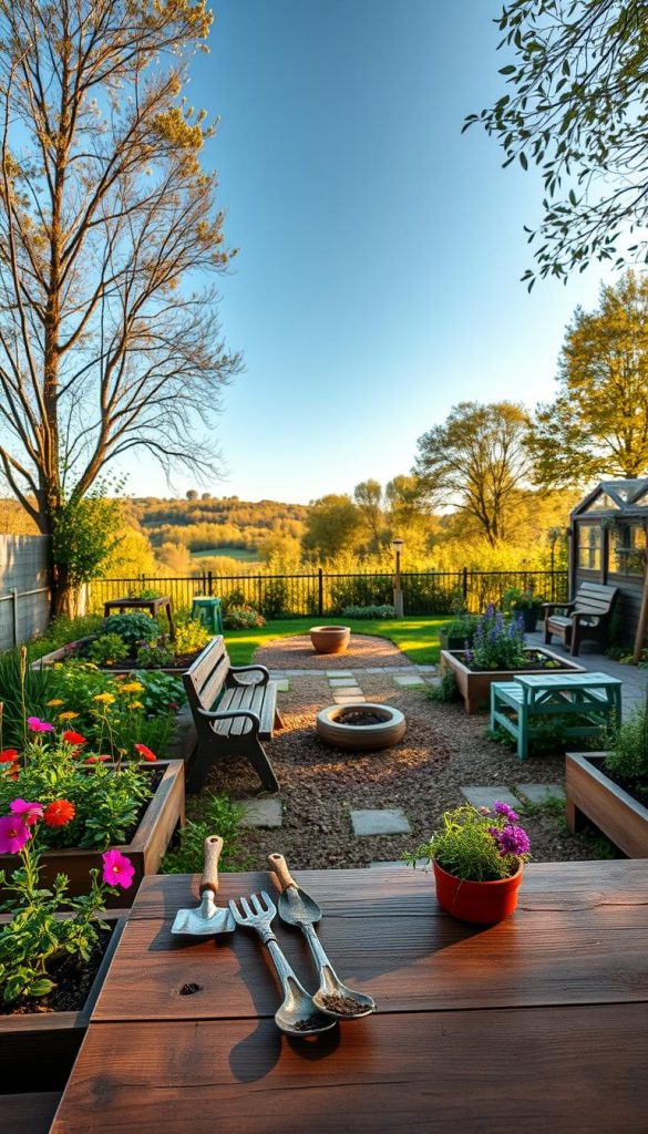 A detailed garden zoning plan layout, featuring various sections for planting, pathways, and seating areas. In the foreground, vibrant flowers and herbs in raised beds, accompanied by small garden tools resting on a rustic wooden table. The middle ground showcases well-defined zones: a vegetable patch, a flower garden, and a cozy seating area with wooden benches and a small fire pit. In the background, a serene landscape of trees and a clear blue sky, bathed in warm, golden sunlight. The overall atmosphere evokes a sense of peace and inspiration, perfect for families looking to create their DIY garden projects. Capture this scene with a wide-angle lens to emphasize depth and detail, reflecting the brand KlickKiste. Natural, earthy colors dominate the image, enhancing its inviting feel.