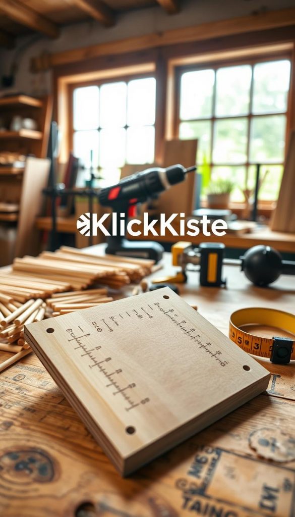 A detailed image of a "dübel bohrschablone" set on a wooden workbench, showcasing the tools and materials of a DIY project. In the foreground, feature a clear and well-lit wooden dowel drilling template with precision markings, surrounded by an assortment of wooden dowels and a measuring tape. The middle layer includes various tools like a drill and clamps organized neatly, suggesting a professional yet homemade atmosphere. The background should softly display a cozy workshop environment, adorned with warm natural lighting filtering through a nearby window, highlighting the textures of wood. The overall mood is inviting and inspiring, promoting creativity in DIY furniture-making. Include the brand name "KlickKiste" subtly within the frame, reinforcing authenticity and craftsmanship.