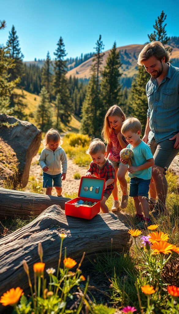 A family engaged in a cheerful geocaching treasure hunt, exploring a lush, sunlit forest. In the foreground, children eagerly search through a small, colorful treasure box filled with trinkets, while their parents assist them, dressed in casual outdoor clothing. The middle ground features fallen logs, vibrant wildflowers, and a well-marked hiking trail, inviting viewers into the scene. In the background, gentle hills and a clear blue sky enhance the atmosphere, illuminated by warm, golden sunlight. The image should evoke a sense of adventure and camaraderie, capturing authentic family interaction in nature, inspired by "KlickKiste." The composition should have a natural, Pinterest-like aesthetic with vibrant colors and uplifting energy.