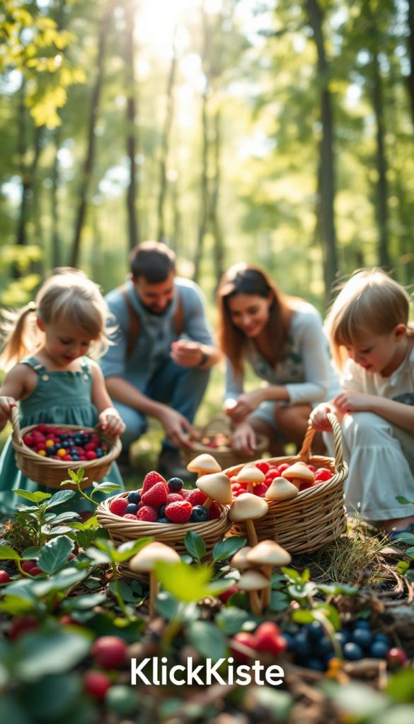 A family enjoying a delightful day in nature while gathering berries and mushrooms in a lush forest setting. In the foreground, two children, dressed in casual, modest clothing, are excitedly filling their baskets with ripe, colorful berries, such as raspberries and blueberries. The middle ground features a parent, kneeling to inspect a cluster of edible mushrooms, demonstrating a caring, educational moment. The background showcases a sun-drenched forest, with dappled light filtering through the leaves, creating a warm and inviting atmosphere. Soft focus on the distant trees enhances the foreground activity, evoking a sense of joy and exploration. The overall image should embody authenticity and inspiration, with a Pinterest-like aesthetic. Include the brand name "KlickKiste" subtly integrated into the scene.