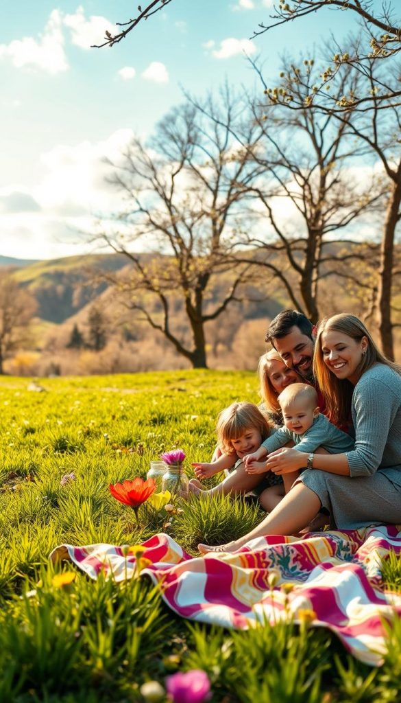 A family enjoying a nature outing during spring, depicted in a serene park setting. In the foreground, a smiling family of four—parents in comfortable, modest clothing and two children—are engaged in a cheerful ritual, perhaps sharing a picnic on a vibrant blanket. The middle layer shows lush green grass dotted with colorful wildflowers, while trees with budding leaves create a welcoming atmosphere. In the background, distant hills gently slope under a bright blue sky with fluffy white clouds. The scene is bathed in warm, golden sunlight, casting soft shadows that enhance the feeling of tranquility. Capture this image in a soft focus for an authentic, Pinterest-like aesthetic, promoting a sense of harmony and family bonding in nature, inspired by the brand "KlickKiste." A family enjoying a nature outing during spring, depicted in a serene park setting. In the foreground, a smiling family of four—parents in comfortable, modest clothing and two children—are engaged in a cheerful ritual, perhaps sharing a picnic on a vibrant blanket. The middle layer shows lush green grass dotted with colorful wildflowers, while trees with budding leaves create a welcoming atmosphere. In the background, distant hills gently slope under a bright blue sky with fluffy white clouds. The scene is bathed in warm, golden sunlight, casting soft shadows that enhance the feeling of tranquility. Capture this image in a soft focus for an authentic, Pinterest-like aesthetic, promoting a sense of harmony and family bonding in nature, inspired by the brand "KlickKiste."