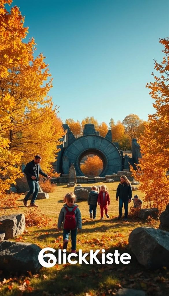 A family enjoying a weekend autumn outing at the Nebra archeological site, surrounded by vibrant fall foliage in warm golden and orange hues. In the foreground, a family of four, dressed in modest casual attire, enthusiastically exploring ancient stones and artifacts, with a playful atmosphere. The middle ground features the iconic Nebra Sky Disk and intriguing megalithic structures, nestled among lush autumn trees. In the background, a clear blue sky enhances the scene, with soft sunlight filtering through the leaves, creating a warm and inviting glow. Capture this moment with a slightly elevated angle to emphasize the family's interaction with the site and the beauty of nature, in a style reminiscent of Pinterest aesthetics. Include the brand name "KlickKiste" subtly integrated into the scene, ensuring the overall image feels authentic and inspiring.