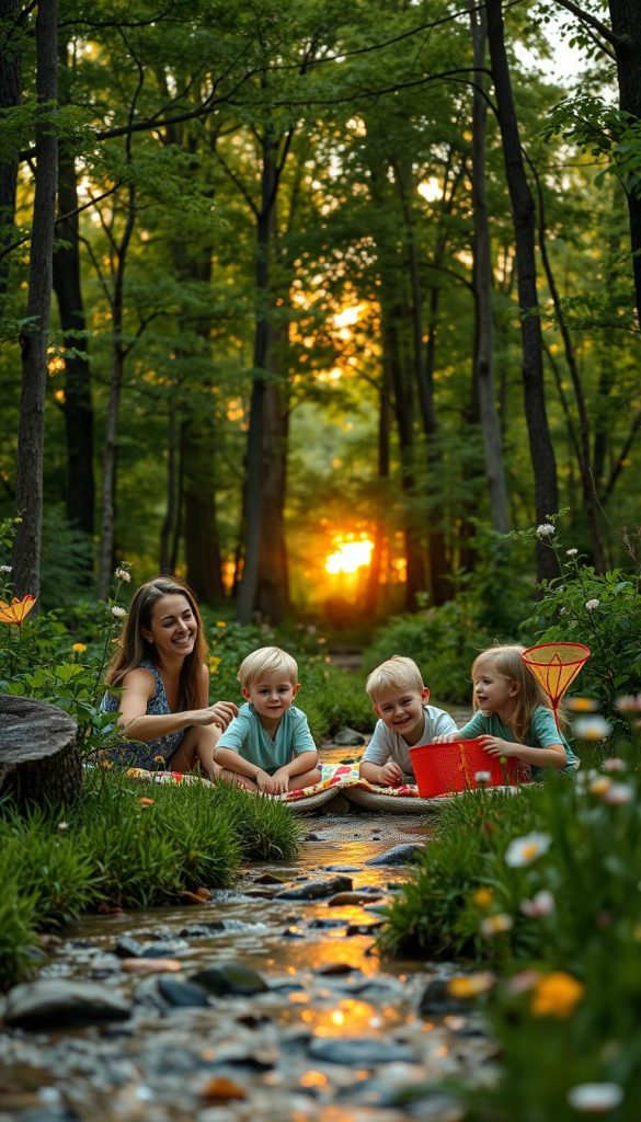 A family enjoying an adventurous weekend in nature, set in a vibrant green forest with dappled sunlight filtering through the tall trees. In the foreground, a mother and father, dressed in comfortable casual clothing, joyfully engage their children in a picnic on a colorful blanket. The children, a boy and a girl, explore nearby with delighted expressions, one holding a butterfly net. In the midground, a peaceful stream flows gently, surrounded by wildflowers, creating an inviting and serene atmosphere. In the background, the sun sets, casting warm golden hues across the landscape, enhancing the natural beauty. Overall, the scene conveys a sense of harmony, connection, and outdoor enjoyment, embodying the essence of a perfect family weekend. Inspired by a cozy Pinterest aesthetic for KlickKiste. A family enjoying an adventurous weekend in nature, set in a vibrant green forest with dappled sunlight filtering through the tall trees. In the foreground, a mother and father, dressed in comfortable casual clothing, joyfully engage their children in a picnic on a colorful blanket. The children, a boy and a girl, explore nearby with delighted expressions, one holding a butterfly net. In the midground, a peaceful stream flows gently, surrounded by wildflowers, creating an inviting and serene atmosphere. In the background, the sun sets, casting warm golden hues across the landscape, enhancing the natural beauty. Overall, the scene conveys a sense of harmony, connection, and outdoor enjoyment, embodying the essence of a perfect family weekend. Inspired by a cozy Pinterest aesthetic for KlickKiste.