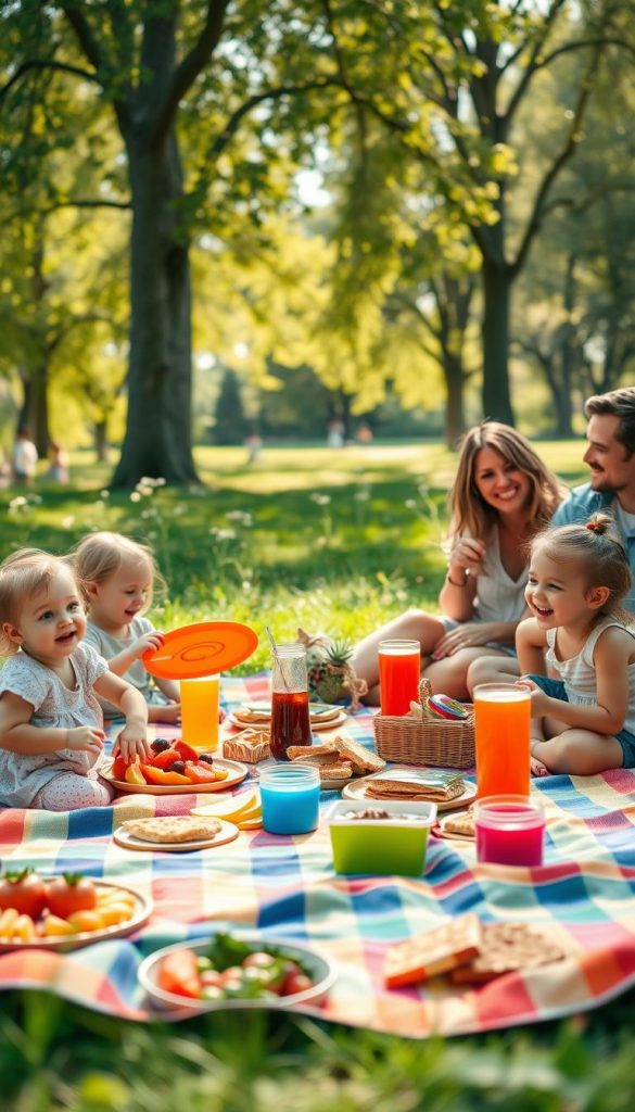 A family-friendly picnic scene capturing the essence of a weekend flow for kids and parents. In the foreground, a colorful picnic blanket is spread out with a vibrant spread of fruits, sandwiches, and drinks in cheerful containers. Children in modest, casual clothing happily play with a frisbee nearby, while the parents, dressed casually, share smiles and laughter. In the middle ground, a lush green park with blooming wildflowers enhances the joyful atmosphere. The background features tall trees swaying gently in the warm sunlight, casting playful shadows. The scene is bathed in soft, warm lighting, creating an inviting, cheerful mood reminiscent of a Pinterest aesthetic. The overall image evokes inspiration and authenticity, perfect for a family picnic theme, branded with "KlickKiste" subtly integrated into the scene. A family-friendly picnic scene capturing the essence of a weekend flow for kids and parents. In the foreground, a colorful picnic blanket is spread out with a vibrant spread of fruits, sandwiches, and drinks in cheerful containers. Children in modest, casual clothing happily play with a frisbee nearby, while the parents, dressed casually, share smiles and laughter. In the middle ground, a lush green park with blooming wildflowers enhances the joyful atmosphere. The background features tall trees swaying gently in the warm sunlight, casting playful shadows. The scene is bathed in soft, warm lighting, creating an inviting, cheerful mood reminiscent of a Pinterest aesthetic. The overall image evokes inspiration and authenticity, perfect for a family picnic theme, branded with "KlickKiste" subtly integrated into the scene.