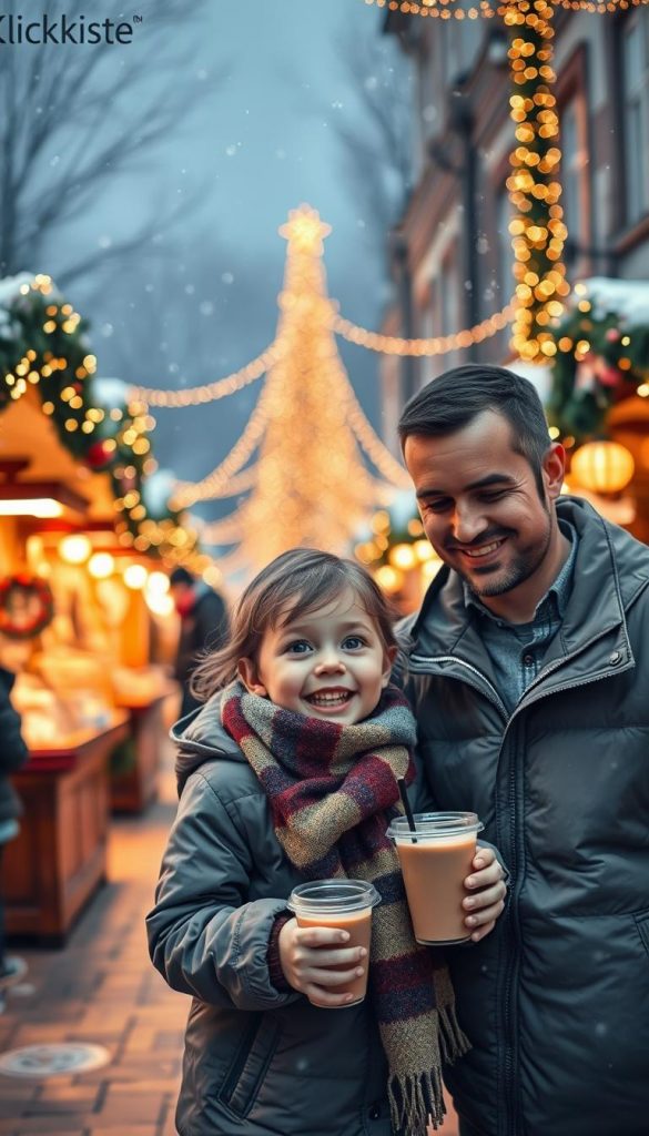 A festive Christmas market scene featuring a child interacting joyfully with their parent. In the foreground, the child, dressed in a cozy winter coat and colorful scarf, is holding a warm drink, eyes wide with excitement. The parent, in a modest casual outfit, smiles down at the child, capturing a warm, loving interaction. The middle ground displays beautifully decorated market stalls adorned with twinkling lights and holiday decorations, showcasing traditional crafts and snacks. In the background, softly falling snowflakes glisten under the warm, golden glow of street lamps and festive decorations, creating a magical winter atmosphere. The image embodies a natural feel with warm colors and a Pinterest-inspired aesthetic, evoking nostalgia and inspiration. Shot with a warm lens perspective, the composition invites viewers to feel the joy and warmth of the holiday season, branded as "KlickKiste." A festive Christmas market scene featuring a child interacting joyfully with their parent. In the foreground, the child, dressed in a cozy winter coat and colorful scarf, is holding a warm drink, eyes wide with excitement. The parent, in a modest casual outfit, smiles down at the child, capturing a warm, loving interaction. The middle ground displays beautifully decorated market stalls adorned with twinkling lights and holiday decorations, showcasing traditional crafts and snacks. In the background, softly falling snowflakes glisten under the warm, golden glow of street lamps and festive decorations, creating a magical winter atmosphere. The image embodies a natural feel with warm colors and a Pinterest-inspired aesthetic, evoking nostalgia and inspiration. Shot with a warm lens perspective, the composition invites viewers to feel the joy and warmth of the holiday season, branded as "KlickKiste."