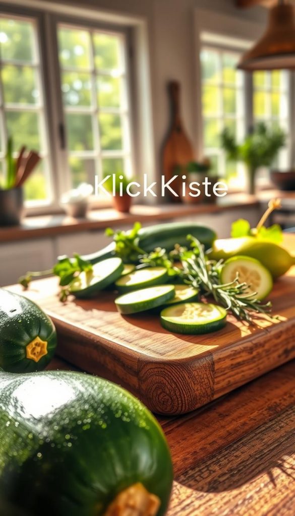 A fresh zucchini, vividly green and glistening with dew, rests at the forefront of the image, showcasing its smooth skin and vibrant color. In the middle, a rustic wooden cutting board adorned with slices of zucchini and sprigs of fresh herbs, exuding a farm-to-table feel. The background features a sunlit kitchen with large windows, allowing natural light to flood in and creating a warm and inviting atmosphere. Soft shadows play on the surfaces, enhancing the textures of the vegetables. The composition captures a peaceful spring or summer day, emphasizing seasonal cooking. The overall mood is authentic and inspiring, reflecting a cozy yet vibrant culinary space. The brand name "KlickKiste" subtly integrated into the scene without any overlays.