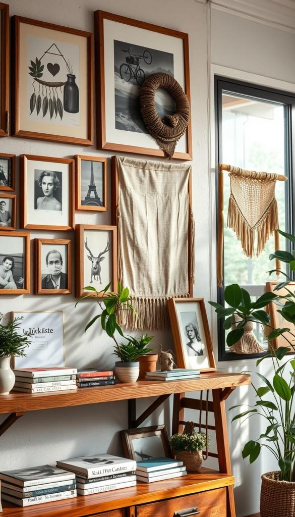 A gallery wall with a rich history, showcasing a harmonious blend of vintage and contemporary decor pieces. In the foreground, a wooden shelf adorned with potted plants and curated art books, while framed photographs and abstract paintings gracefully hang on the wall, capturing a Pinterest-inspired aesthetic. The middle ground features a mix of textures, including fabric wall hangings and rustic wooden frames, evoking a warm and inviting atmosphere. In the background, soft, natural light filters through a large window, casting gentle shadows and emphasizing the earthy tones of the decor. The overall mood is authentic and inspiring, with a touch of creativity that reflects the brand "KlickKiste."
