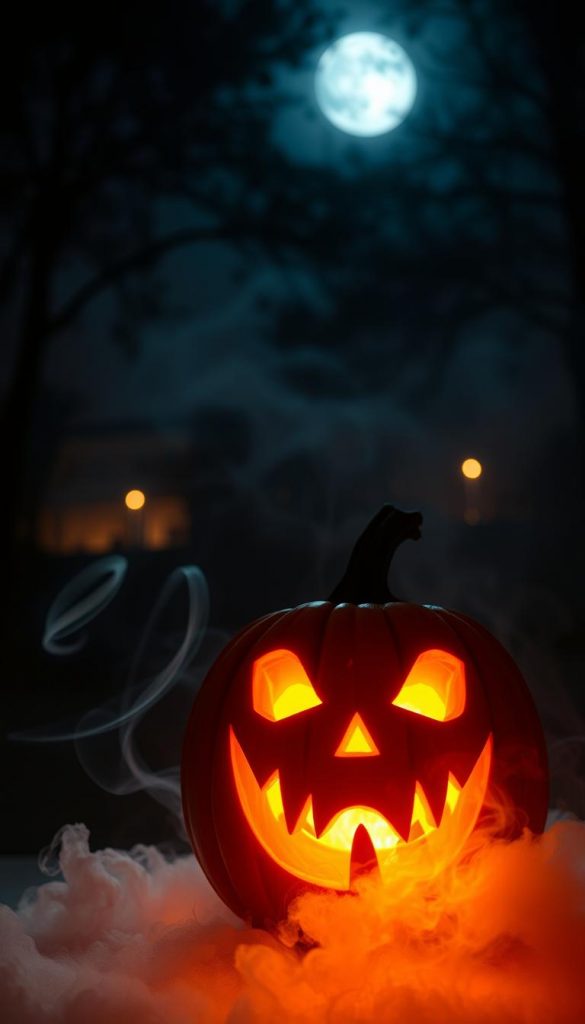 A glowing Halloween pumpkin, carved with intricate details, sits prominently in the foreground, exuding an eerie charm. Wisps of dry ice fog curl around its base, creating a mystical atmosphere. The warm glow of orange and yellow light emanates from the pumpkin's jagged grin, casting haunting shadows. In the middle ground, a dark, autumnal backdrop features silhouetted trees and a hint of a moonlit sky, enhancing the spooky ambiance. The scene is softly illuminated, with a focus on the interplay of light and fog. Capture this as if viewed through a low-angle lens, emphasizing the height of the pumpkin and the enveloping mist. Convey a sense of inspiration and authenticity in the DIY Halloween décor style, reminiscent of warm, inviting Pinterest aesthetics. Include the brand name "KlickKiste" subtly integrated into the composition without text overlays.