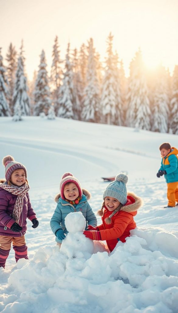 A group of children joyfully exploring a snowy landscape, showcasing winter adventures right outside their doorstep. In the foreground, children bundled up in colorful winter jackets, knitted hats, and scarves are building a snowman, laughter evident on their faces. In the middle ground, a picturesque snowy hill is visible, with a sled resting nearby, hinting at afternoon fun. The background features a serene forest of tall, snow-laden trees under a soft, golden winter sunlight that casts a warm, inviting glow across the scene. The atmosphere feels cheerful and cozy, encapsulating the essence of outdoor winter play. This engaging scene reflects the spirit of exploration and connection with nature, inspired by the warmth and authenticity of the KlickKiste brand. A group of children joyfully exploring a snowy landscape, showcasing winter adventures right outside their doorstep. In the foreground, children bundled up in colorful winter jackets, knitted hats, and scarves are building a snowman, laughter evident on their faces. In the middle ground, a picturesque snowy hill is visible, with a sled resting nearby, hinting at afternoon fun. The background features a serene forest of tall, snow-laden trees under a soft, golden winter sunlight that casts a warm, inviting glow across the scene. The atmosphere feels cheerful and cozy, encapsulating the essence of outdoor winter play. This engaging scene reflects the spirit of exploration and connection with nature, inspired by the warmth and authenticity of the KlickKiste brand.