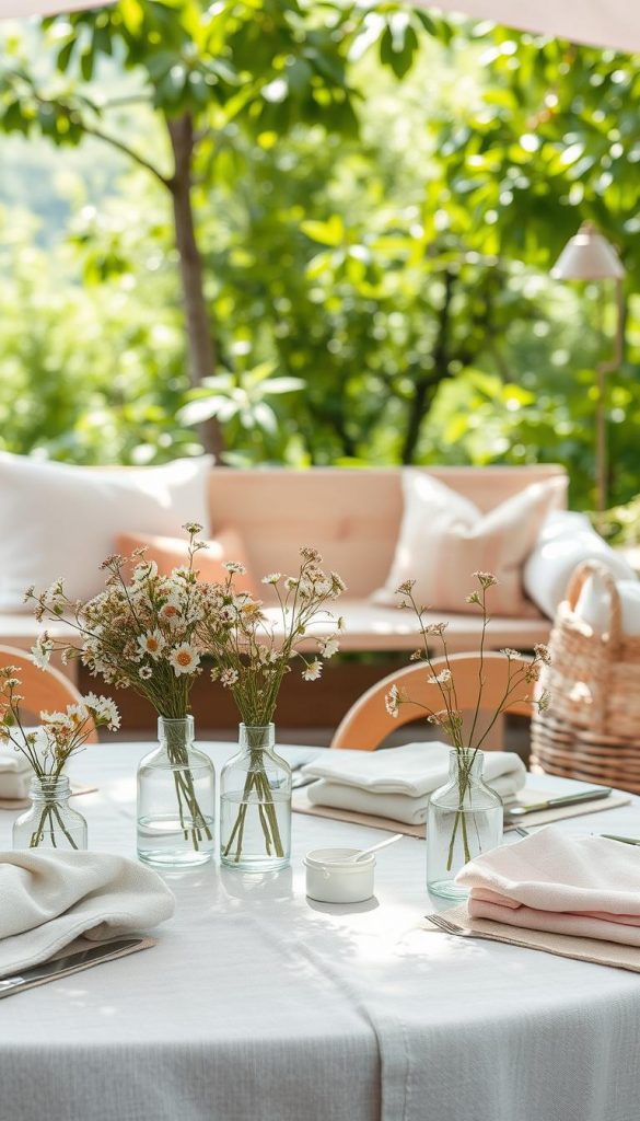 A harmonious Scandinavian summer scene, showcasing a mix of soft materials and pastel colors that evoke lightness and warmth. In the foreground, a beautifully arranged table features textured table linens in shades of light blue and pale pink, adorned with delicate wildflowers in simple glass vases. The middle ground includes wooden accents, such as a light oak bench and woven baskets, fostering a cozy, inviting atmosphere. In the background, a serene outdoor setting with lush greenery and a gentle breeze enhances the peaceful mood. Soft, natural sunlight filters through the leaves, casting gentle shadows and creating a dreamy quality. This image captures the essence of "farben materialien leichtigkeit" in a Scandinavian style, inspired by the brand KlickKiste, offering an authentic, Pinterest-worthy DIY aesthetic that is uplifting and inspiring.