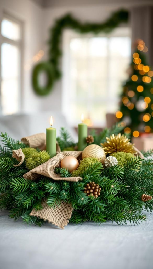 A harmonious composition of various shades of green, creating a serene and modern backdrop for a DIY Advent wreath. In the foreground, showcase an elegant arrangement of natural materials, including lush evergreen branches, soft moss, and textured burlap accents, all radiating warm and inviting tones. The middle layer features subtle seasonal ornaments in soft gold and earthy tones, enhancing the sophisticated aesthetic. In the background, incorporate a blurred display of a softly lit indoor space, suggesting a cozy atmosphere with gentle natural light filtering through a window. The mood should evoke warmth and inspiration, perfect for a contemporary holiday decor theme. The entire scene should reflect the ethos of "KlickKiste", encouraging creativity and authenticity in festive crafting.
