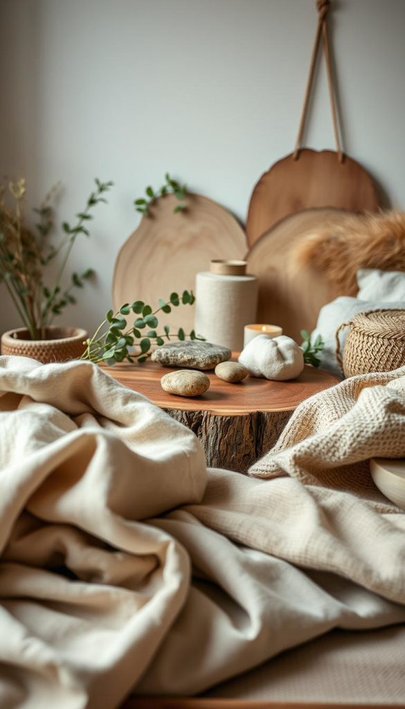 A harmonious composition showcasing a diverse array of materials and textures to evoke a minimalist aesthetic. In the foreground, soft fabrics like linen and wool are layered elegantly, featuring warm, earthy tones. In the middle, natural wood surfaces blend with elements of stone, adorned with greenery for a touch of life. The background reveals subtle hints of Scandinavian-style decor, adding a cozy yet refined atmosphere, illuminated by soft, diffused lighting that creates a welcoming ambiance. Capture a slightly elevated angle to emphasize depth and texture. The scene should convey a blend of cozy, Skandi-inspired, Boho vibes, with a sprinkle of maximalism and castlecore accents, all while reflecting the ethos of "KlickKiste."