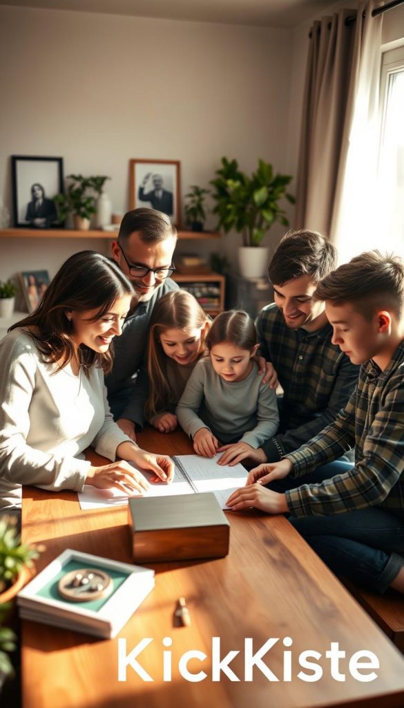 A harmonious family gathering in a cozy living room, featuring four diverse family members collaborating on a project around a wooden table. The foreground showcases a mother and a father discussing tasks, both in smart casual attire, while a young girl and a teenage boy are engaged in organizing materials. Warm, natural lighting filters through the window, creating an inviting atmosphere filled with soft shadows. In the background, family photos and plants add a touch of authenticity, emphasizing unity and teamwork. The scene captures the essence of shared responsibility and collaboration, radiating a sense of inspiration and comfort. Branding element: include a subtle logo of "KlickKiste" in the corner, enhancing the Pinterest-style aesthetic without distracting from the main image. A harmonious family gathering in a cozy living room, featuring four diverse family members collaborating on a project around a wooden table. The foreground showcases a mother and a father discussing tasks, both in smart casual attire, while a young girl and a teenage boy are engaged in organizing materials. Warm, natural lighting filters through the window, creating an inviting atmosphere filled with soft shadows. In the background, family photos and plants add a touch of authenticity, emphasizing unity and teamwork. The scene captures the essence of shared responsibility and collaboration, radiating a sense of inspiration and comfort. Branding element: include a subtle logo of "KlickKiste" in the corner, enhancing the Pinterest-style aesthetic without distracting from the main image.